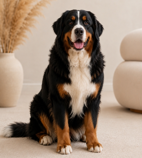 Full-body shot of a friendly tricolor Bernese Mountain Dog sitting on a beige rug indoors, tongue out and looking at the camera.