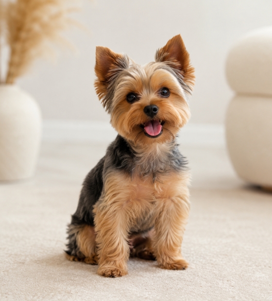 Yorkshire terrier puppy sitting on a light carpet indoors, tongue out and ears perked up.