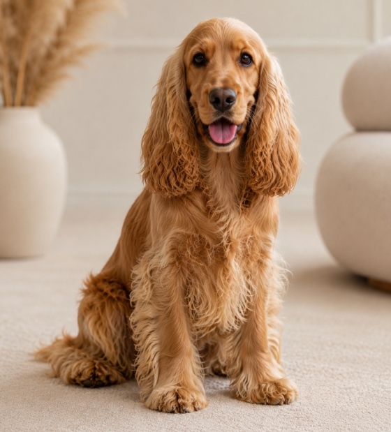 Golden cocker spaniel sitting on a beige rug, looking at the camera with its tongue out.