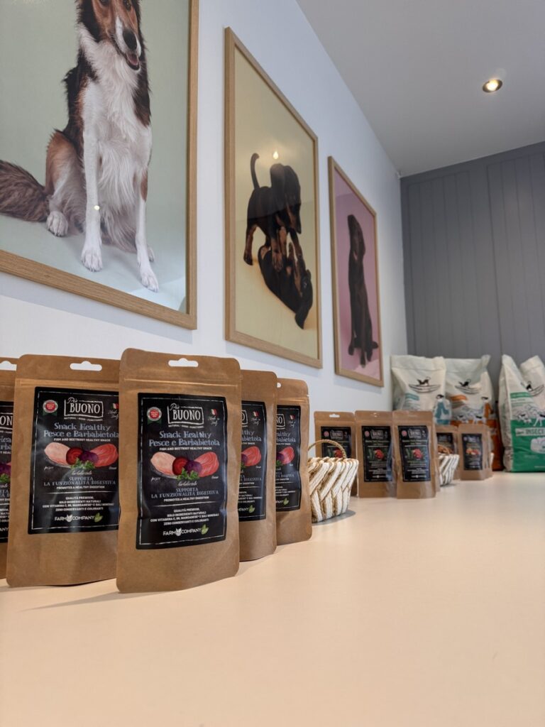 Row of brown stand-up dog treat pouches lined up on a white counter, with framed dog photos on the wall behind.