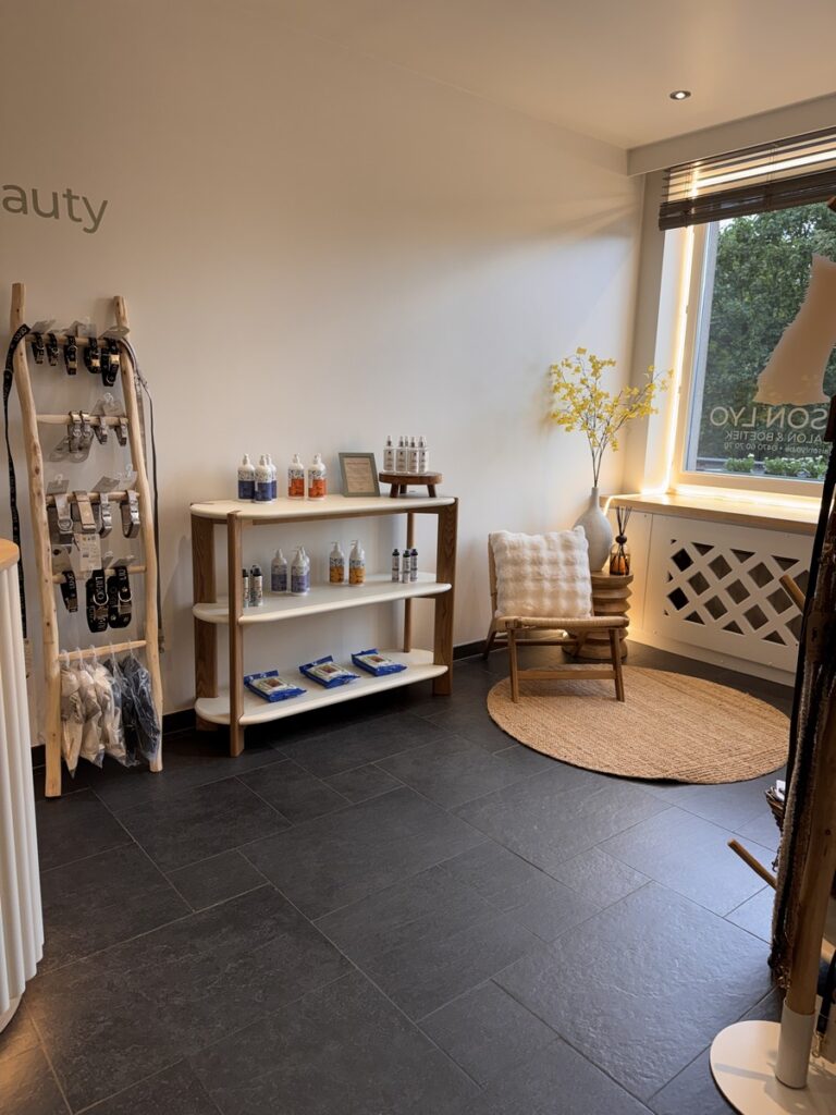 Interior of a beauty shop with a wooden display shelf holding bottles and a small framing item, a clothing rack on the left, and a round rug by a window.